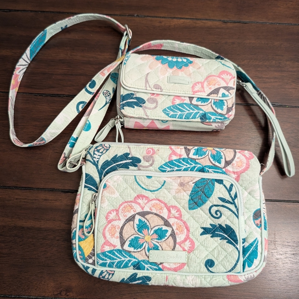 Vera Bradley Mint Flowers Hipster Crossbody Bag & Accordion Wristlet
